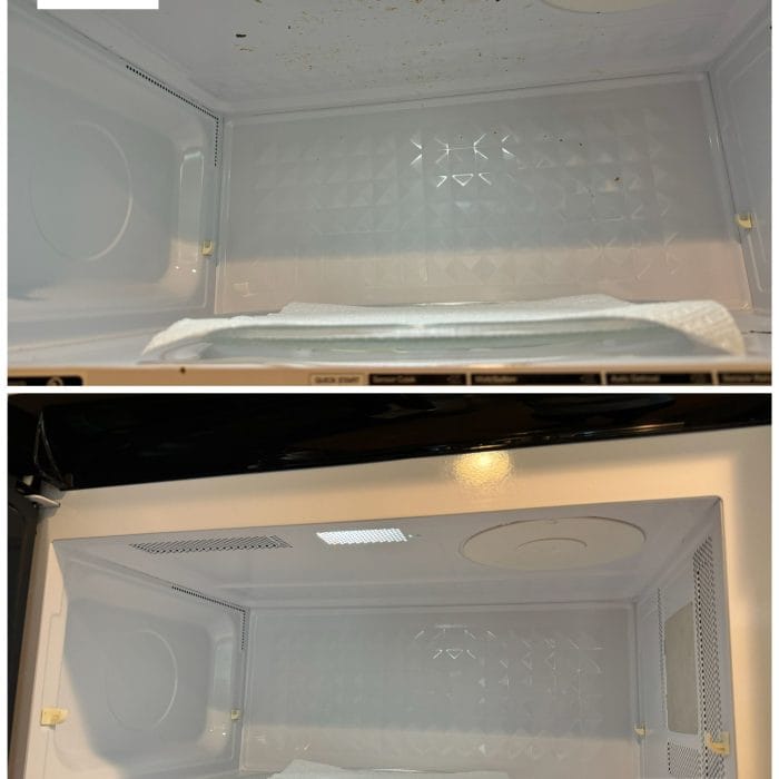 Before and after professional microwave cleaning, showing the removal of dirt and food splatters, leaving the interior spotless.